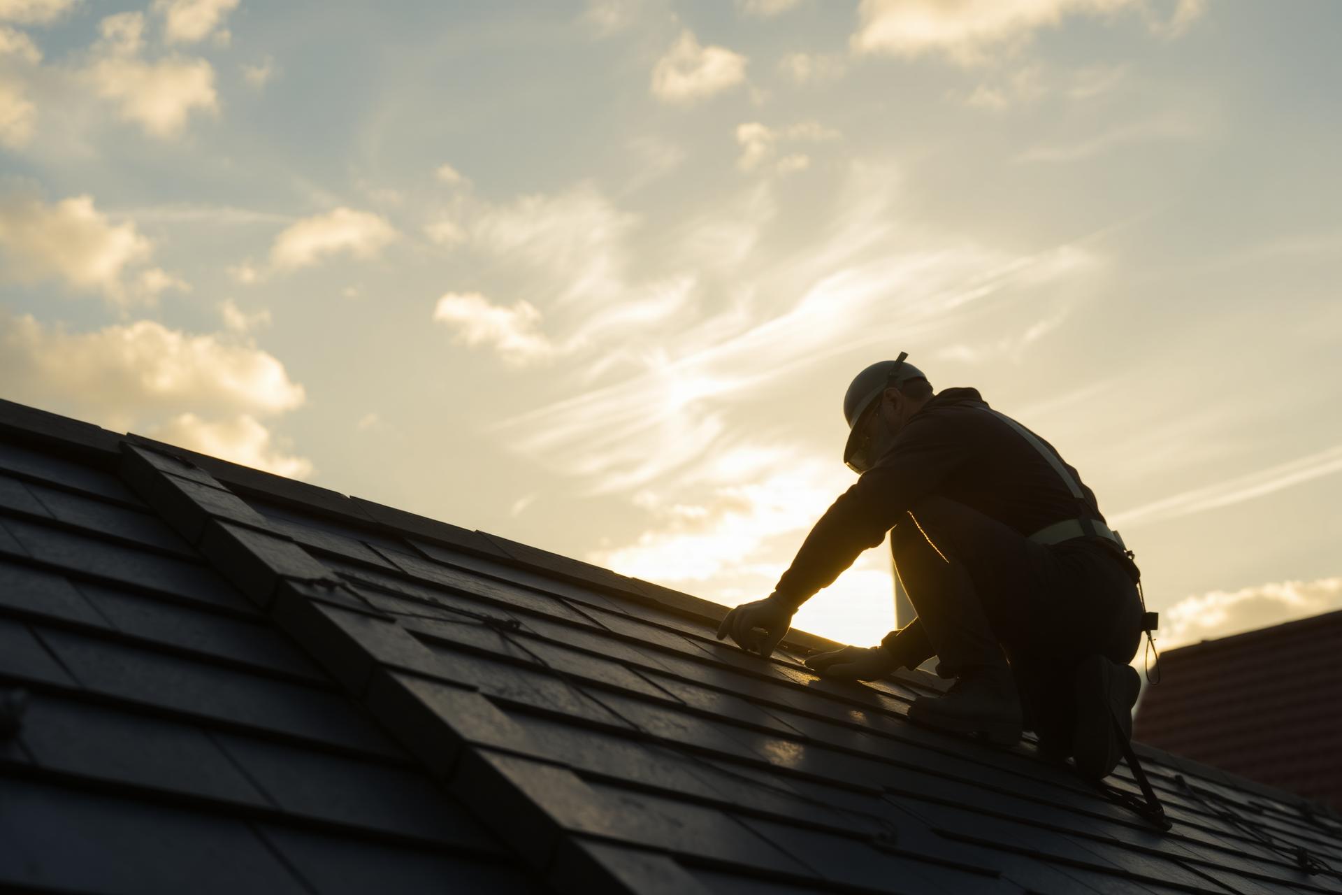 Roofer Roscommon installing slate roof at sunset